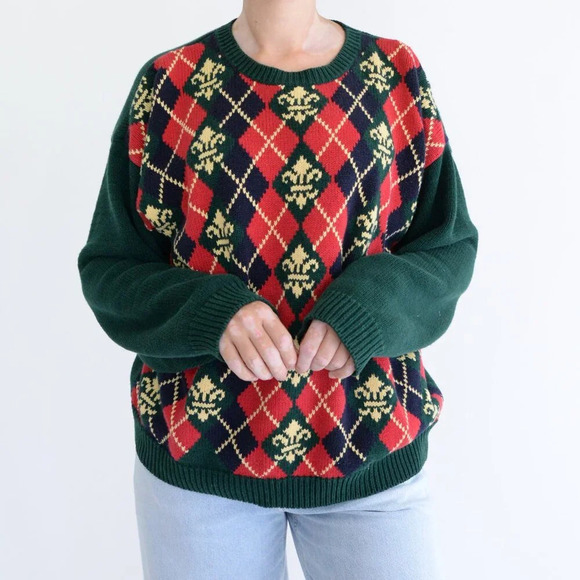 Vintage Talbots Red Green Fleur de Lis Argyle Preppy Plaid Crewneck Sweater XL - Picture 2 of 11